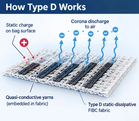 Type D FIBC static-protective fabric showing corona discharge and electrostatic charge dissipation