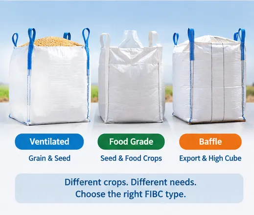 Types of FIBC bags for agriculture including ventilated, food-grade and baffle bags