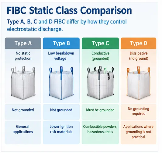 Comparison of Type A, Type B, Type C and Type D FIBC static protection classes