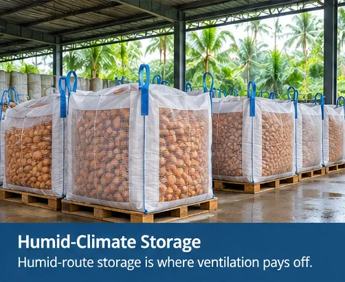 Ventilated FIBC bags of agricultural produce stored in a humid tropical warehouse