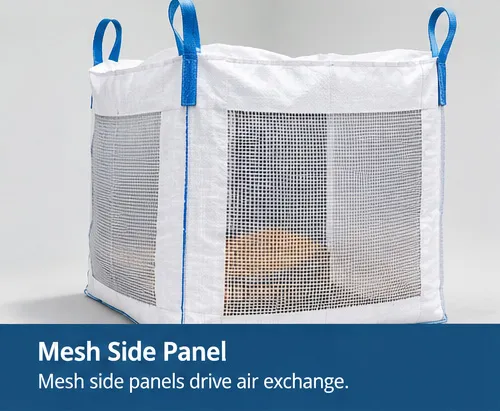 Side view of a ventilated FIBC bulk bag showing mesh side panels for air circulation