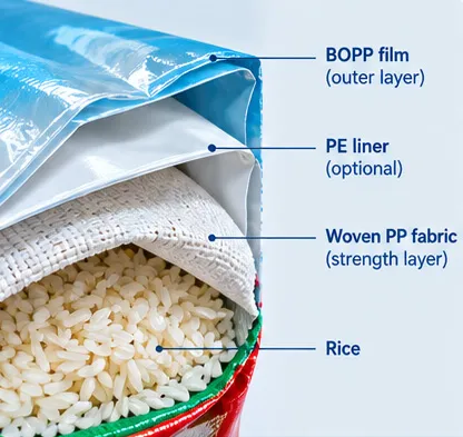 Cutaway showing BOPP film, woven PP fabric and PE liner in a rice bag