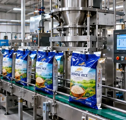 BOPP laminated rice bags moving through an automated filling and sealing line