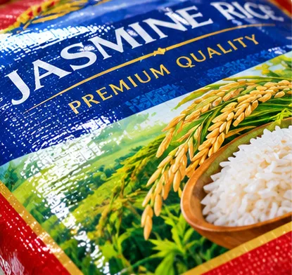 Close-up of high-resolution multi-colour printing on a BOPP laminated rice bag