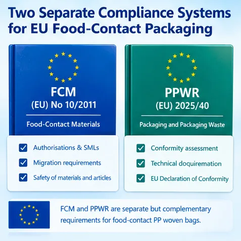 Comparison of EU FCM Regulation 10/2011 and PPWR packaging compliance requirements for food grade PP woven bags