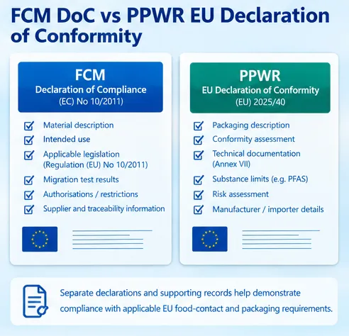 Comparison checklist for FCM Declaration of Compliance and PPWR EU Declaration of Conformity for food packaging