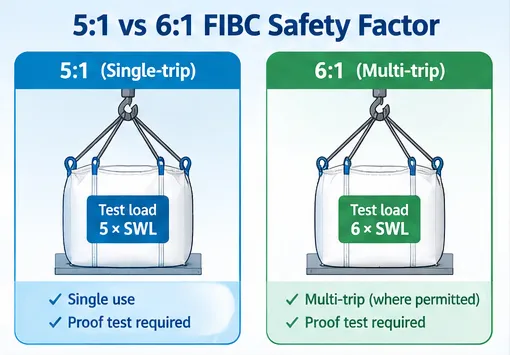 Diagram comparing 5:1 and 6:1 FIBC safety factors for single-trip and multi-trip applications