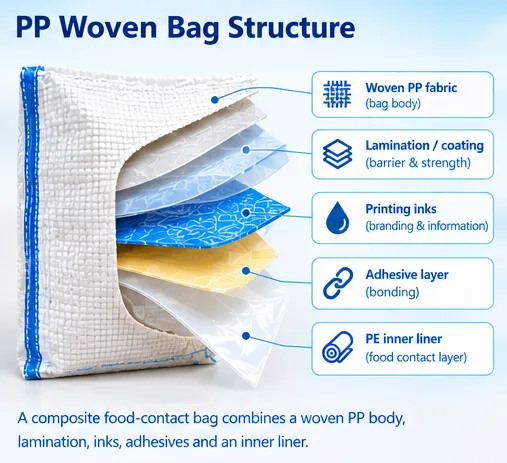 Layered structure of a food-contact PP woven bag showing woven polypropylene fabric, lamination, printing inks, adhesives and inner liner