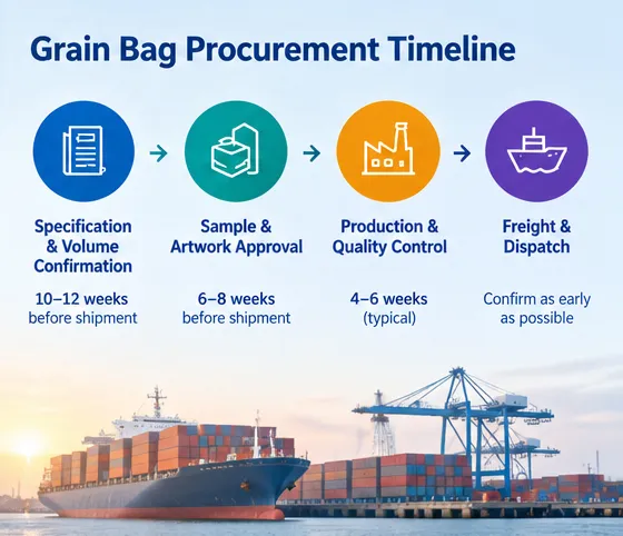 Timeline showing grain bag specification, sample approval, production and shipping