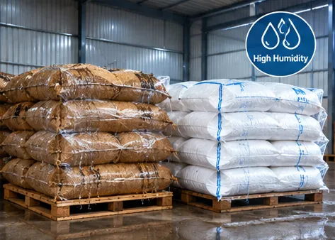 Jute and PP woven sacks shown in a humid storage environment