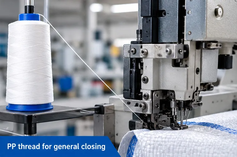 PP sewing thread running through an industrial bag-closing machine