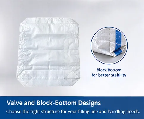 PP woven cement valve bag and block bottom bag designs for different filling line and handling requirements