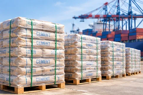 Palletized PP woven cement bags prepared for export shipment