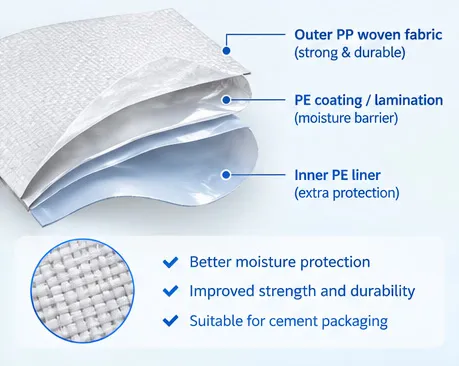 Cutaway view of a PP woven cement bag showing woven fabric, optional coating and PE inner liner