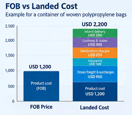 FOB price versus landed cost comparison for woven polypropylene bags, including freight and import charges