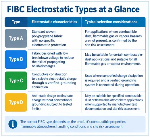 Comparison of FIBC electrostatic types A, B, C and D with different bag designs