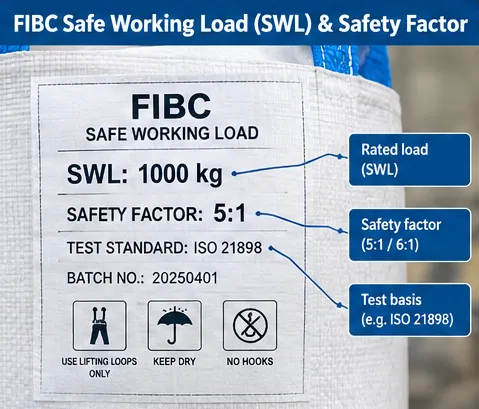 FIBC safe working load label showing rated load and safety factor