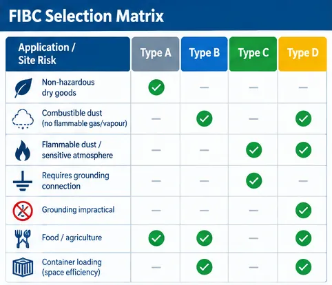 FIBC selection matrix comparing electrostatic types, bag shapes, liners and application requirements