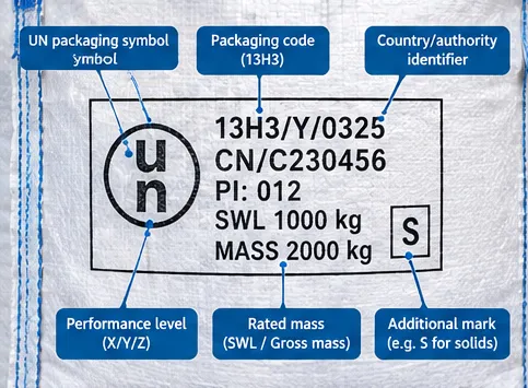 Close-up of a UN packaging mark on a 13H FIBC showing the packaging code and rated information
