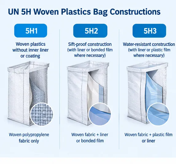 Diagram of UN 5H1, 5H2 and 5H3 woven plastic bag constructions