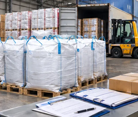 UN-marked woven PP bags staged for hazardous goods export with shipping documentation