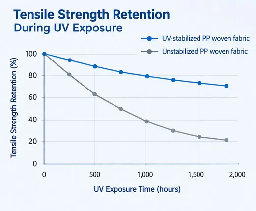 Illustrative comparison of tensile strength retention in UV-stabilized and unstabilized PP woven fabric during UV exposure