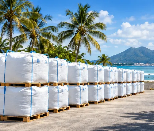 PP woven bags stacked at an open tropical depot under strong sunlight