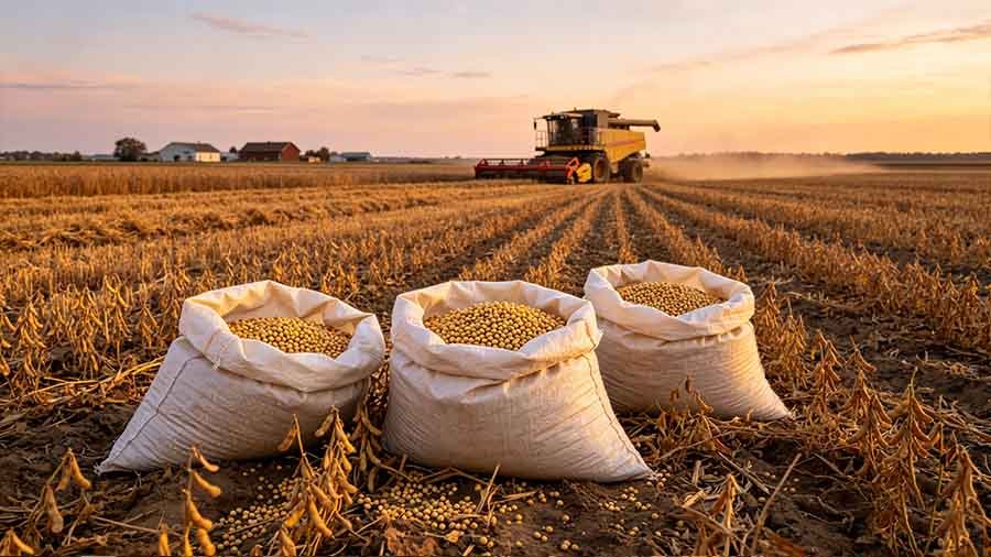 Agricultural PP woven bags used for packaging soybeans for storage and transportation.