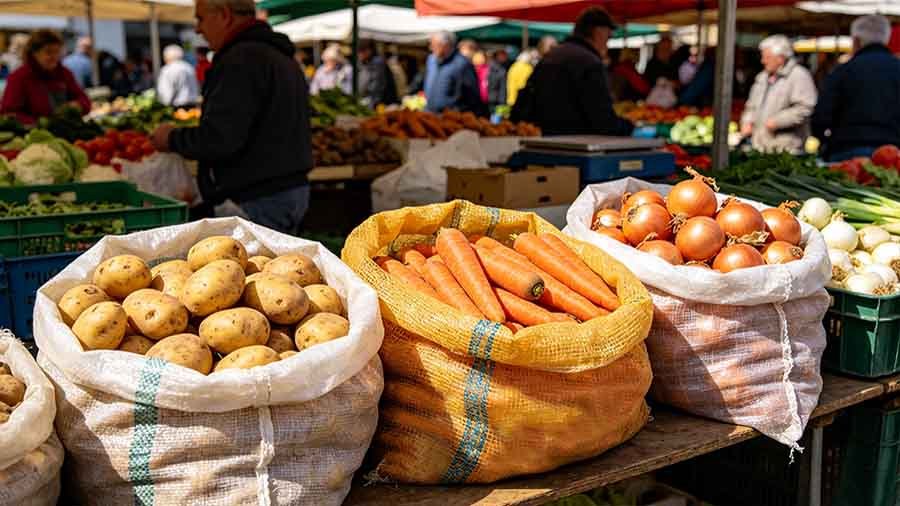 Agricultural PP woven bags displayed in a vegetable market, used for packaging and transporting fresh vegetables.