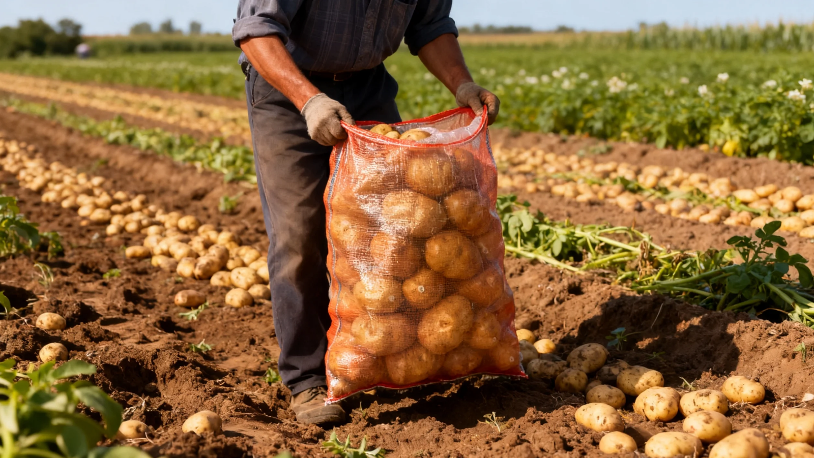 Farmers use agricultural PP woven bags to collect, transport, and pack harvested potatoes, ensuring the safe handling and efficient storage of agricultural products.