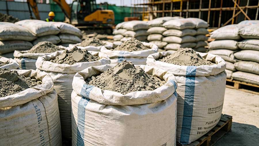 Building material PP woven bags used for cement packaging in construction applications.