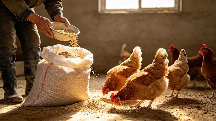PP woven bags for poultry feed packaging on a chicken farm