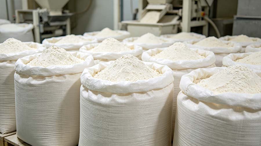 Food-grade polypropylene woven bags used for packaging flour in bulk food industry applications.
