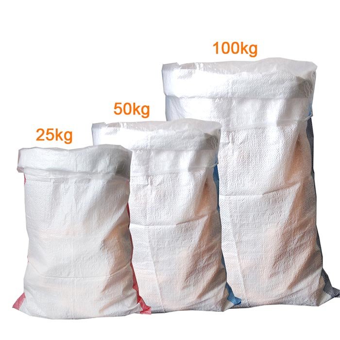 PP woven bags in different sizes and capacities with custom printing and packaging options.