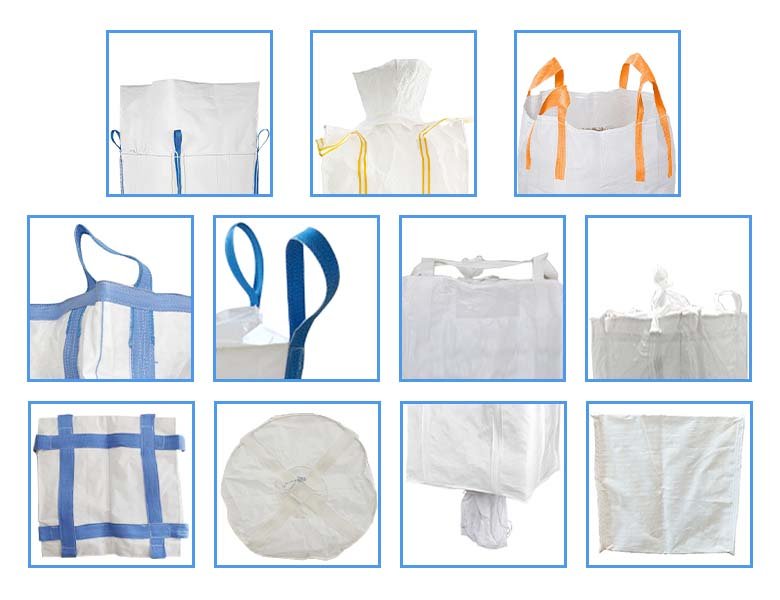 Detailed view of FIBC bag top, side, and bottom design options for custom bulk bags.