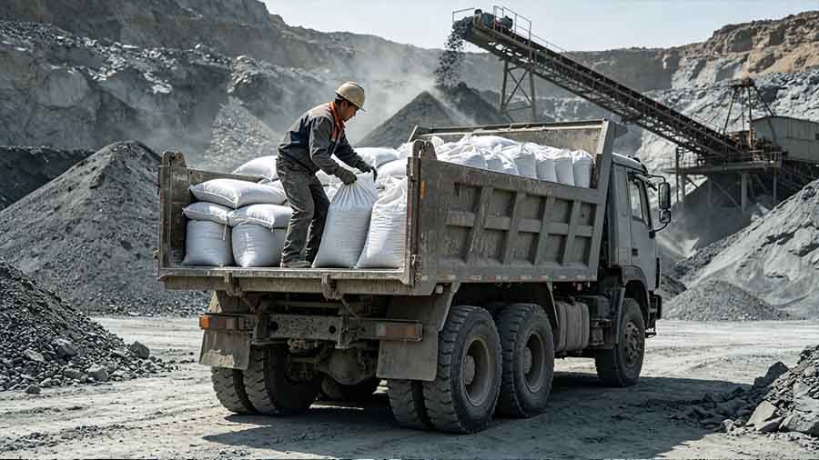 Mineral PP woven bags loaded on a transport truck for bulk mineral delivery