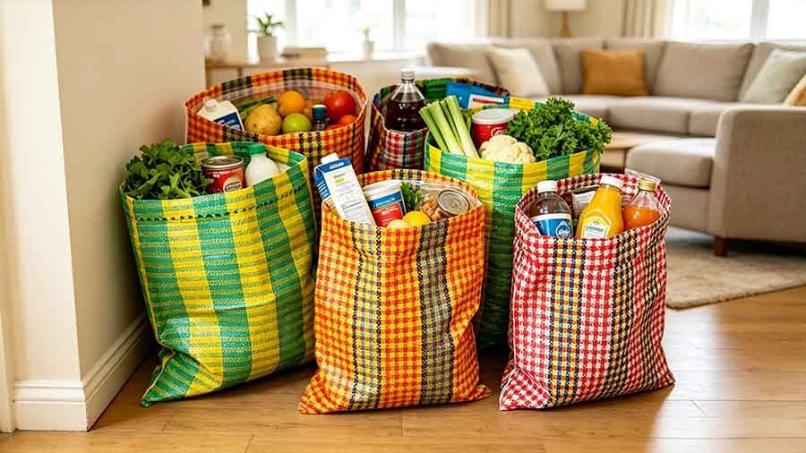 Reusable polypropylene woven shopping bags for retail and grocery packaging