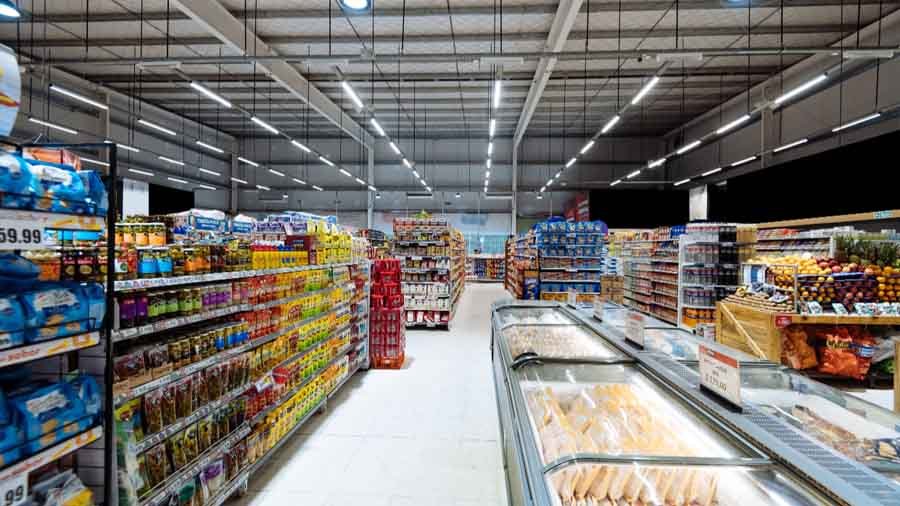 Supermarket products packaged in durable polypropylene woven bags for retail use