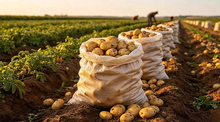 Agricultural PP woven bags filled with fresh potatoes in a farm field