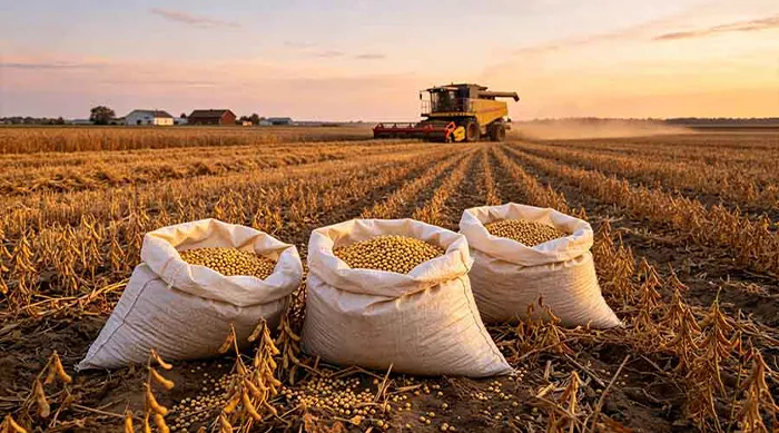 Agricultural PP woven bags filled with soybeans in a harvested field