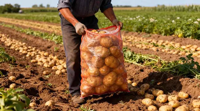 Farmer holding a breathable PP woven mesh bag filled with freshly harvested potatoes
