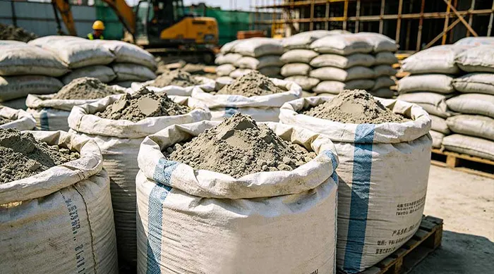 PP woven bags filled with cement at a construction material yard