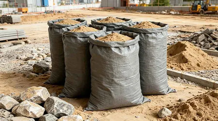 Building material PP woven bags filled with sand at a construction site