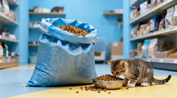 PP woven bag filled with dry cat food next to a cat eating in a pet store