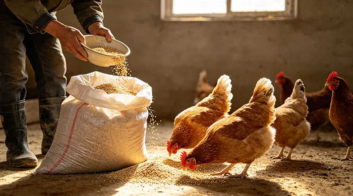 Farmer feeding chickens with grain from a PP woven bag on a poultry farm
