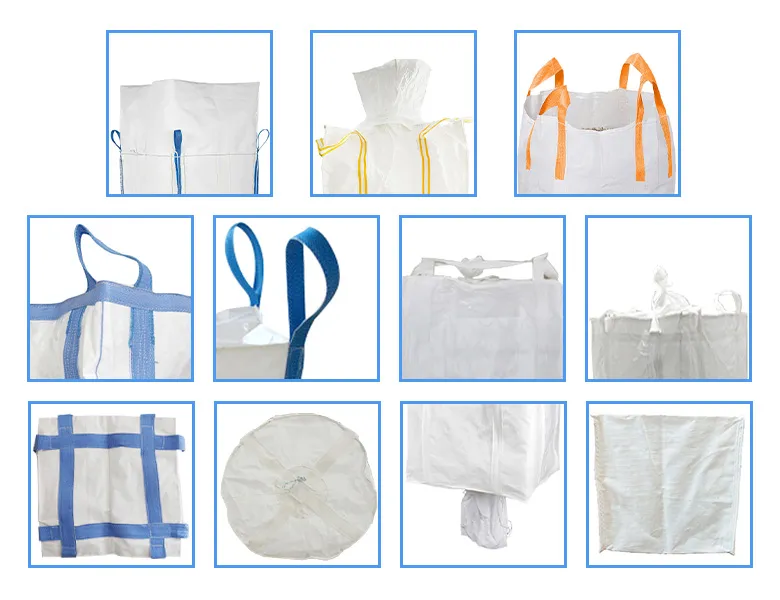Detailed views of FIBC bags showing lifting loops, spouts, and base construction