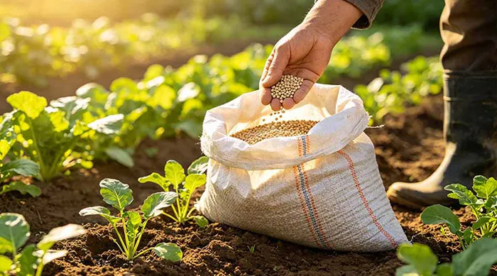Farmer holding fertilizer granules over a PP woven bag in a green crop field