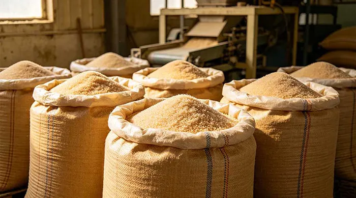 Food-grade polypropylene woven bags filled with raw sugar in a food processing plant