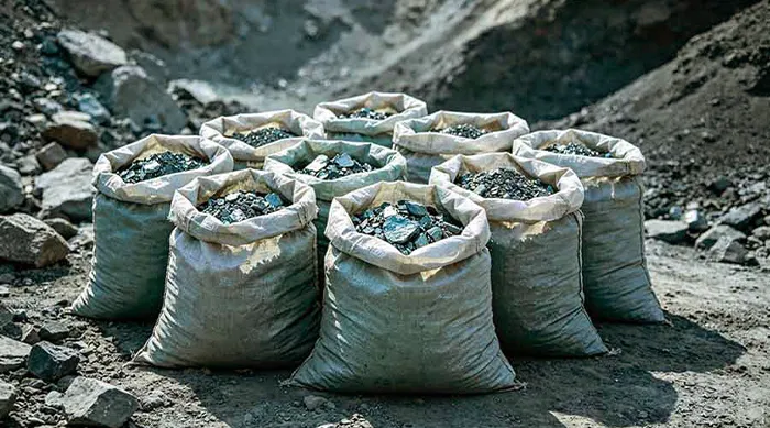 Heavy-duty PP woven bags filled with mineral ore at a mining site