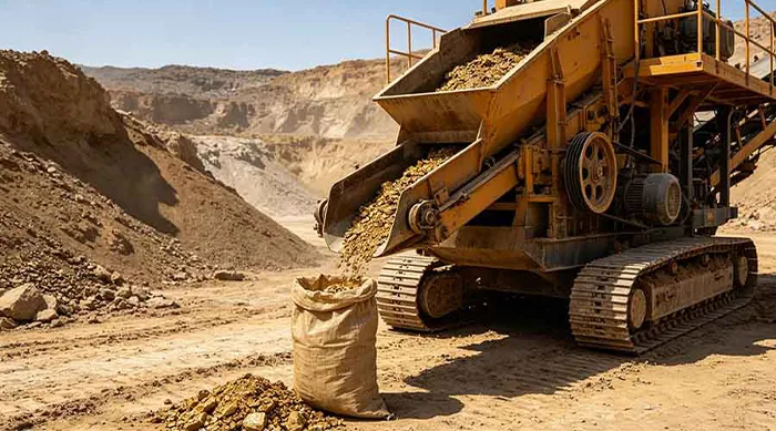 Mining machine filling a PP woven bag with mineral ore at a quarry